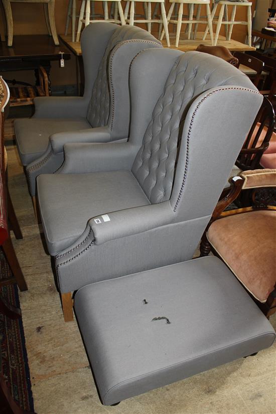 Pair grey wing back upholstered chairs and a stool